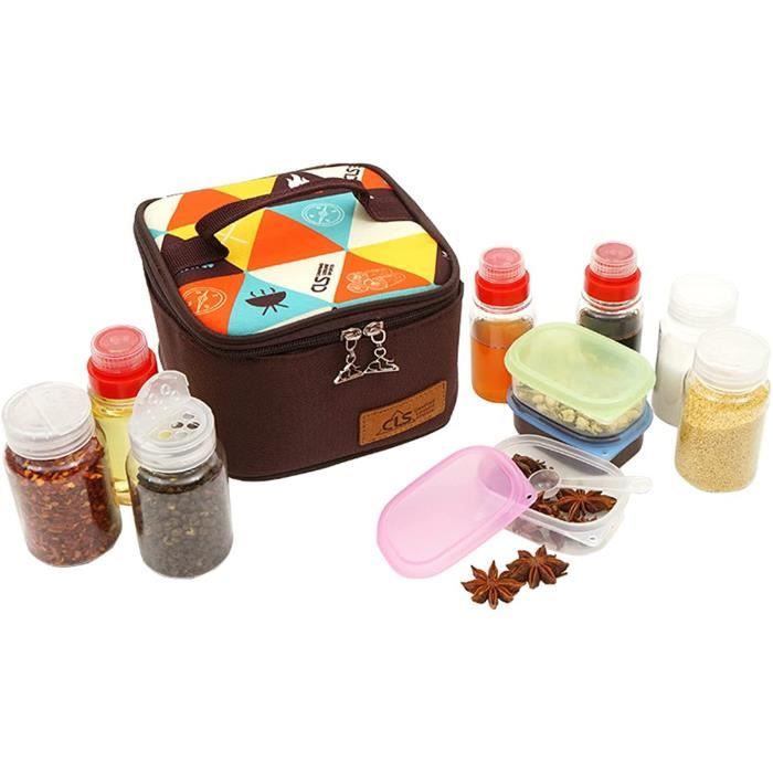 Sac à épices avec 9 pots à épices, sac de rangement d'assaisonnement en toile, organisateur de récipients à condiments, ensemble pour Camping en plein air barbecue pique-nique