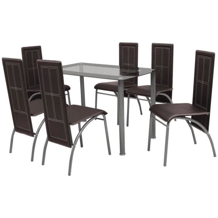 set table à manger + 6 chaises de salle à manger — cadre en acier solide laqué + table en verre trempé -foe