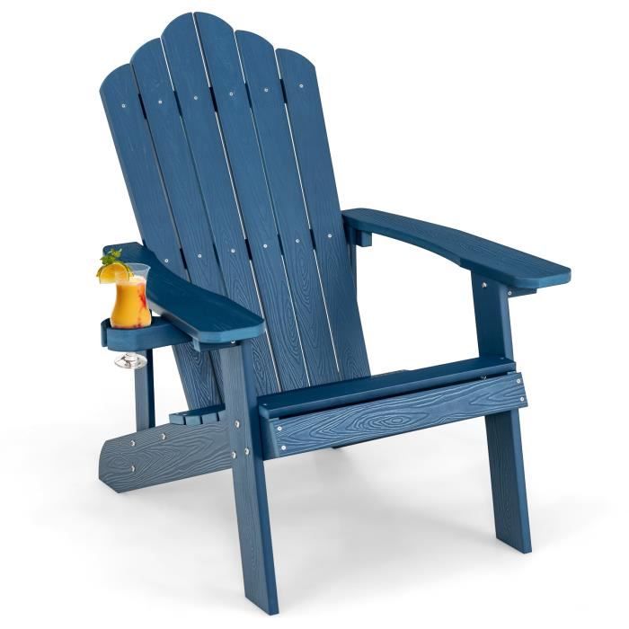 costway fauteuil de jardin adirondack en hips bois massif imperméable avec porte-gobelet charge 170kg pour piscine terrasse bleu