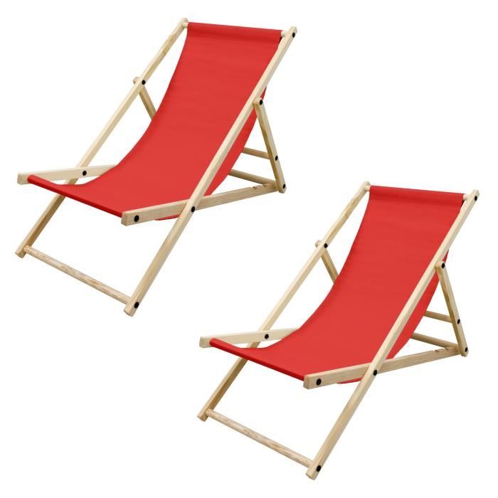 ecd germany lot de 2 chaise longue en bois de pin - rouge - pliable - 120 kg - réglable à 3 positions - bain de soleil