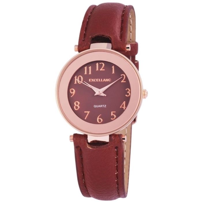 Montre femme - EXCELLANC - Excellanc - Bracelet simili cuir marron - Boîtier 33 mm rosé doré - Mouvement quartz