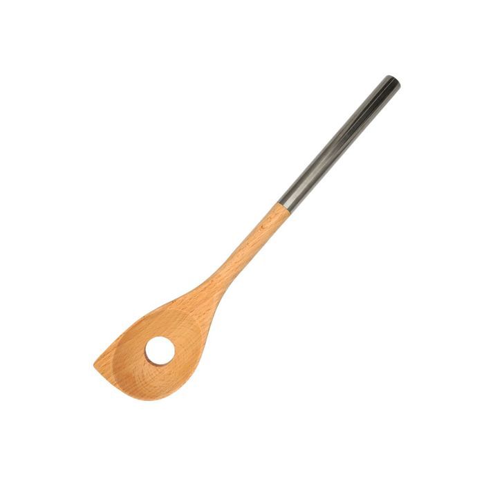Cuillère en bois biseautée avec un trou manche inox 34 cm Fackelmann
