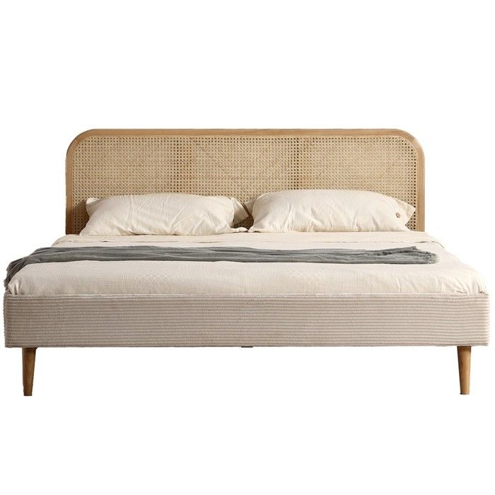 Lit adulte 180x200 cm en velours côtelé beige avec tête de lit en cannage - Dalia