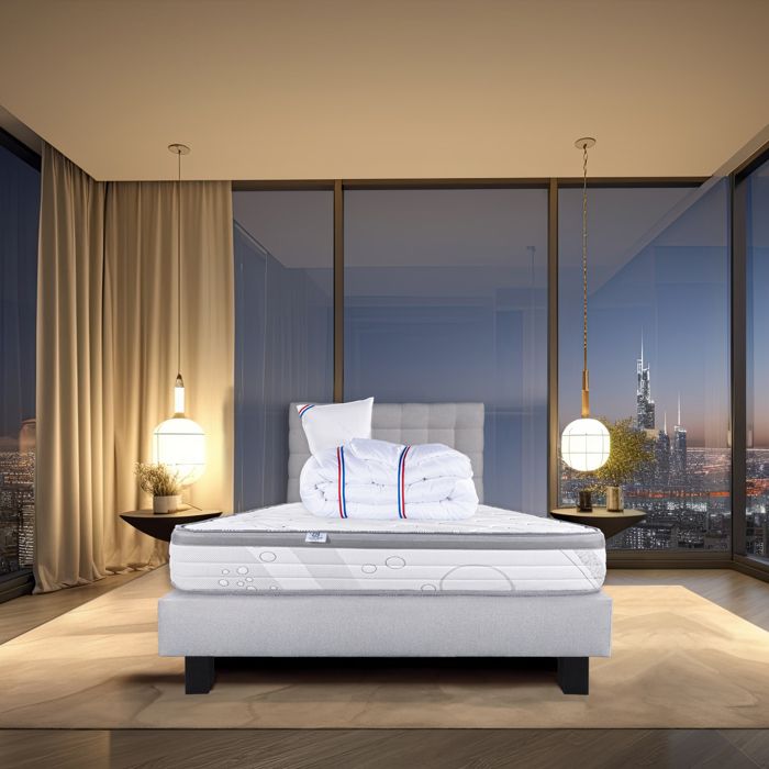 Ensemble matelas Relaxation 26 cm ressorts ensachés ferme réversible+sommier gris ep20cm + oreiller + couette + TDL Ensemble matelas Relaxation 26 cm ressorts ensachés ferme réversible+sommier gris ep20cm + oreiller + couette + TDL