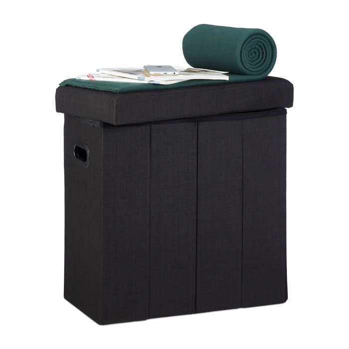 Pouf pliable Relaxdays H x l x P : 49 5 x 46 x 25 5 cm avec espace de rangement poignées lin polyester MDF noir