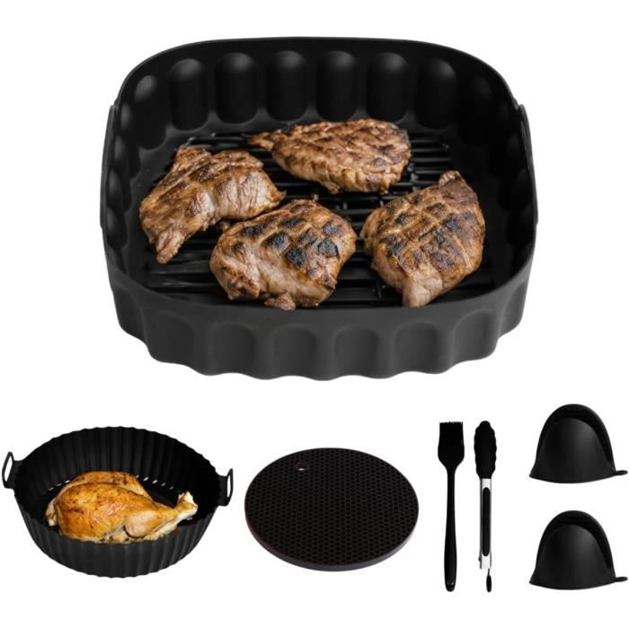 Kit 8 Accessoires Pour Friteuse à Air - Panier Silicone 22 Cm, Moules à Muffins, Grille, Pince, Gants - Compatible Cosori Et Autres