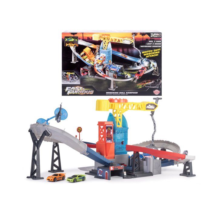 Dickie - Fast&Furious - Piste boule de démolition - Circuit de 87 cm - Propulseur son & lumière - Grue - Trappe - Crash - Dès 3 ans