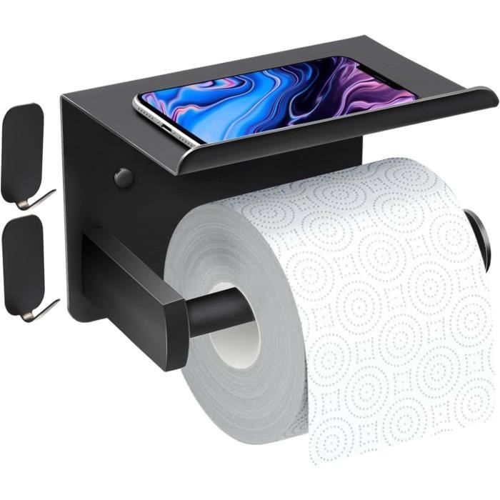 Porte Papier Toilette Sans Percage Avec Étagère | Support Mural Avec 2 Crochets | Pour Salle De Bain, WC, Cuisine | Noir - 8