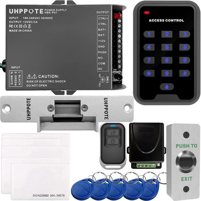 UHPPOTE Kit de controle d'acces pour une-porte avec 125KHz RFID EM ID Clavier et Serrure electrique Telecommande Bouton d'exi