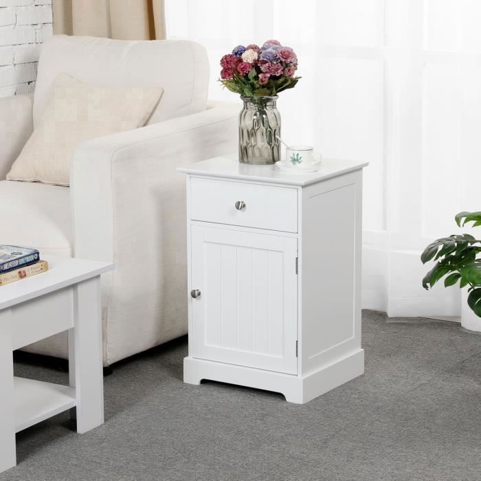 Table de Chevet en Bois Blanc YAHEETECH - Style Campagne - Avec Tiroir et Armoire de Rangement - 40x35x60 cm