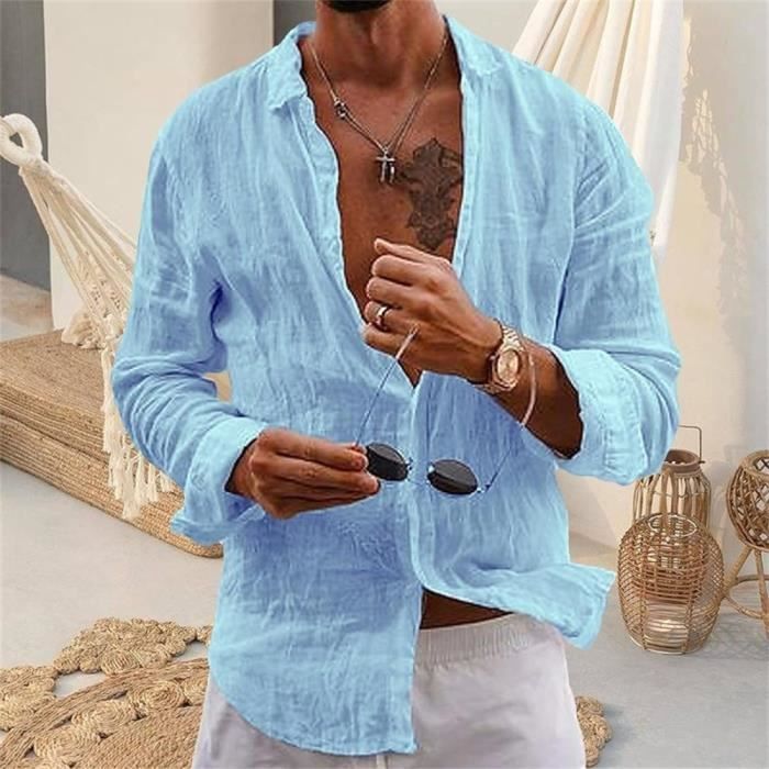 Chemises à Manches Longues pour Hommes Chemises en Lin Bouton vers le Bas  Chemises d'Été Confortables Décontractées Chemises de Plage Tops Chemisier  