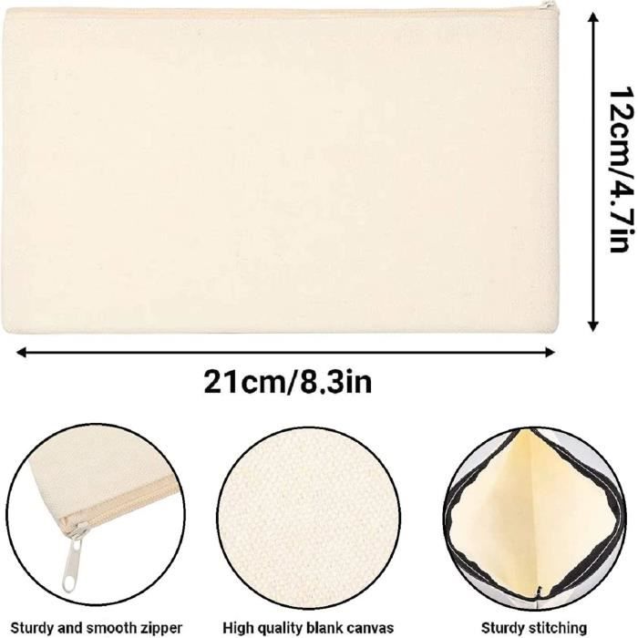 10 Trousse Maquillage Zip Tissu - 12x21cm - Rangement Cosmétique, Crayons, Voyage - DIY Possible