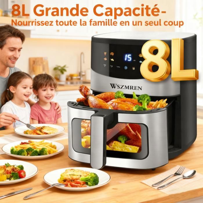 Friteuse sans Huile à Double Tiroir, 9L Air Fryer avec Fenêtre Visible, Friteuse à Air Chaud avec Panneau Tactile LED, 8 Programmes, Double Température, Technologie PerfectCook, 2400W, Noir