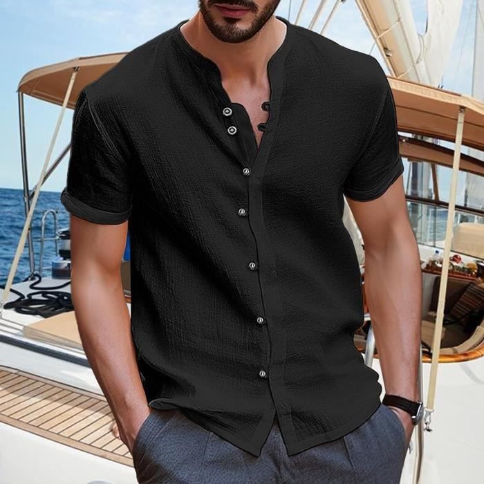 Chemise Homme Lin Noir Col Mao Manches Courtes Noir Cdiscount Pret a Porter