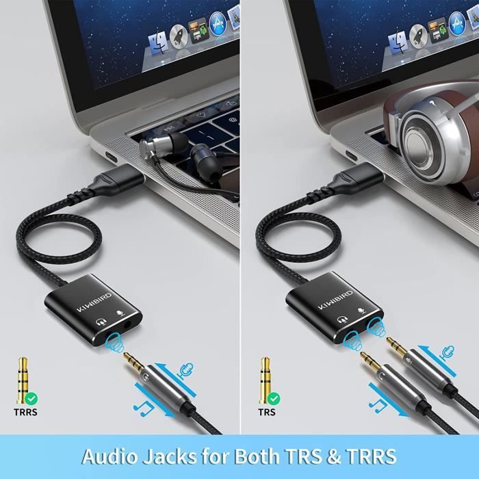 KiWiBiRD Adaptateur USB Audio vers Jack 3,5mm, Prise Jack USB Casque et  Microphone, TRRS 4 Pôles Connecteur, Carte Son Externe Compatible avec  Windows PC, Mac, Surface, PS4, PS5, Ordinateur Portable : 