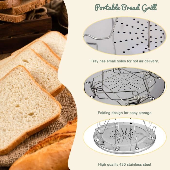 Grille-pain de camping pour réchaud à gaz pliable en acier inoxydable portable 4 tranches propane grille-pain support pour le camping, la pêche, la randonnée, l'été à la maison