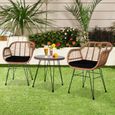 Salon de jardin- -une table et deux fauteuils osier coussin Noir - résine tressée-3