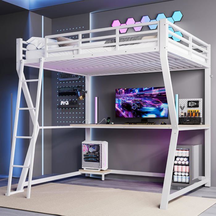 Lit Mezzanine Avec Bureau Intégré Et éclairage LED - Blanc 90x200 Cm, Prises/USB, Garde-corps, échelle