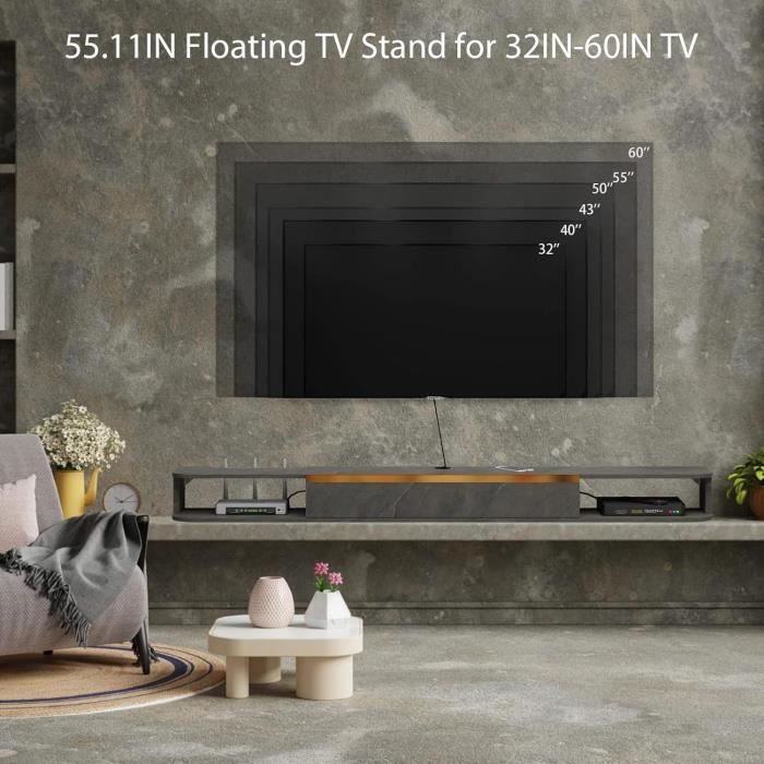 Meuble TV Suspendu,Étagère TV Flottante, Support de Télévision Flottant Fixé au Mur Centre de Console Multimédia de Divertissement Grande Armoire de Rangement pour Bureau à Domicile (140cm, Blanc