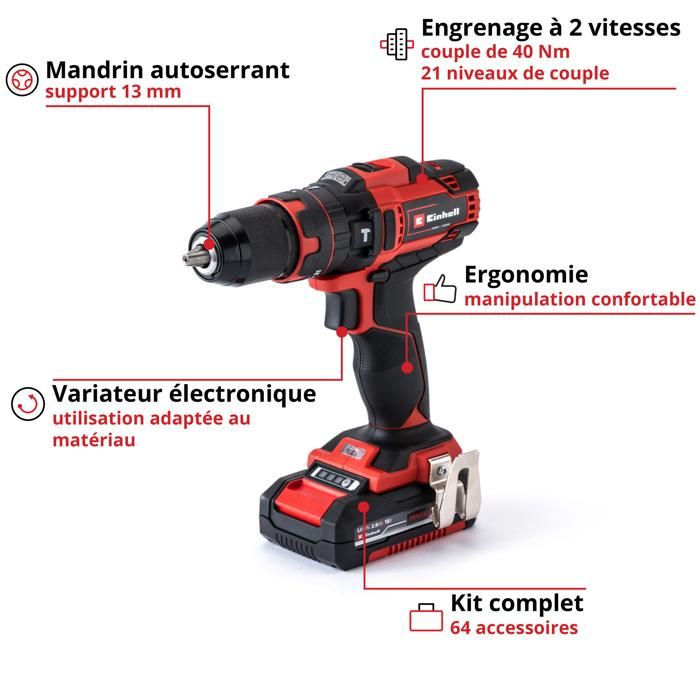 Einhell Perceuse-Visseuse à Percussion Sans Fil TE-CD 18/40 Li-i +64 – 18V 40 Nm, 2×2.0Ah Power X-Change + 64 Accessoires