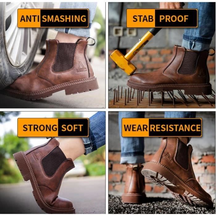 Chaussures de travail de sécurité imperméables pour hommes - Chelsea bottes  en cuir à tête en acier - Marron