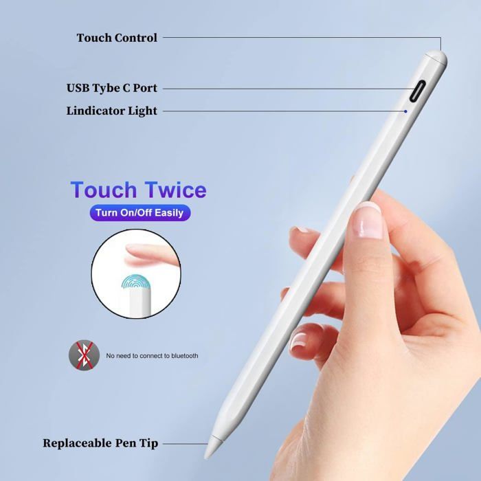 Stylet Universel Pour Écrans Tactiles - Compatible IPad, IPhone, Android - Charge Rapide USB-C, Pointe Fine 1.5mm, Arrêt Automatique