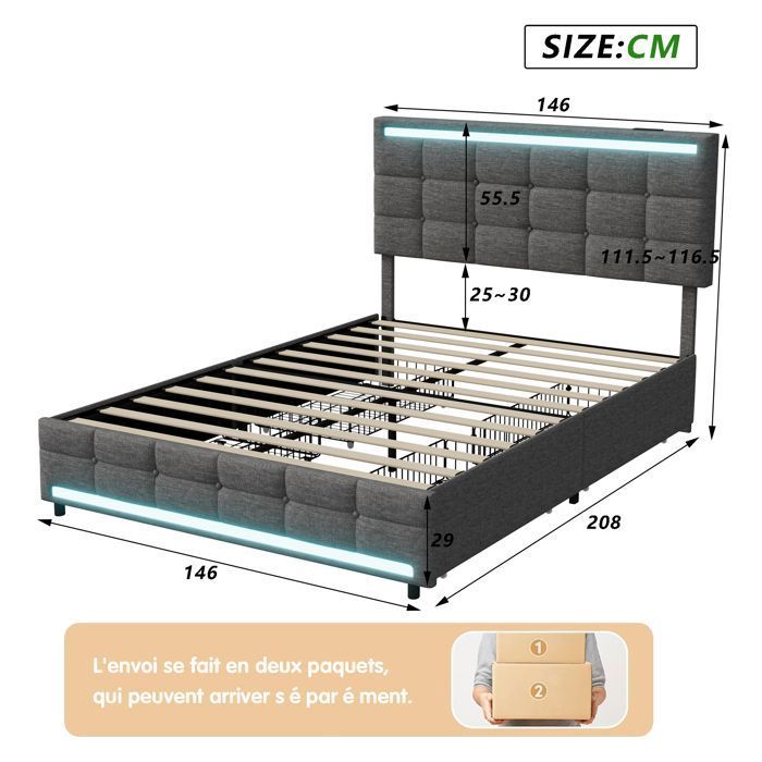 Lit Double 140x200 en Tissu Gris avec 4 Tiroirs et Tête de Lit — free download
