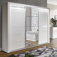 Armoire 3 portes coulissantes Blanc Brillant à LED - KIELE - Bois - L 235 x l 62 x H 210 cm