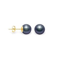Boucles d’Oreille Puces Perle Ronde Noire 10 mm Or Jaune 750 Laminé*