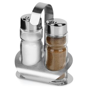 Set de 3 pièces - LACOR - Salière, Poivrier, Moutardier - Verre et Inox - Socle 3 Compartiments - Maison