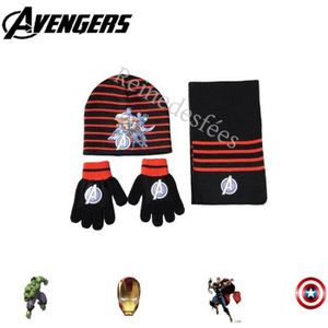 BONNET - CAGOULE Bonnet écharpe gants enfant Avengers Héros Marvel Iron Man Captain America Thor Hulk Shield ensemble garçon 3- 4 - 5 - 6 ans TU Noir