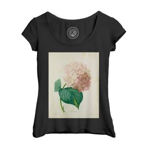 T-SHIRT T-shirt Femme Col Echancré Noir Hortensia Planche Illustration Botanique Ancienne Fleurs