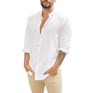 CHEMISE - CHEMISETTE Chemises pour hommes - Chemise mode à manches longues, col montant, coton et lin, décontractée. - Blanc