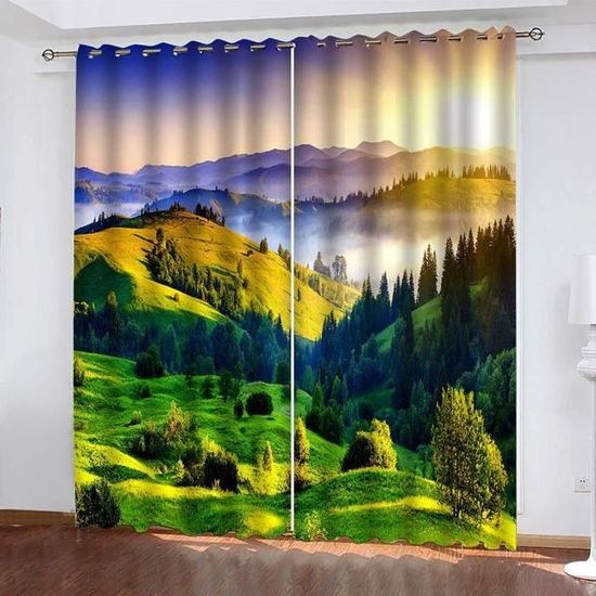 Rideaux Occultants 2 Pièces Motif Forêt - 117x138 Cm, Polyester, Isolation Thermique Et Phonique, Oeillets