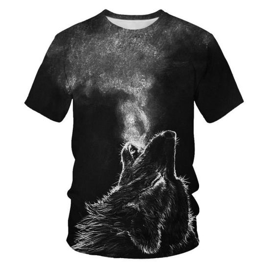T-shirt Enfant Manches Courtes 3D Loup Et Lune - 100% Polyester, Motif Animalier, Pour Garçons Et Filles