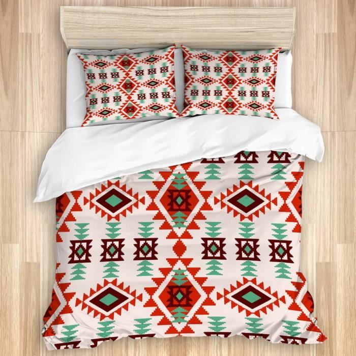 Housse De Couette 140x200 Cm + Taie Oreiller 65x65 Cm - Microfibre Douce - Motif Bohème Aztèque - Lavable Sans Repassage - Fermeture éclair