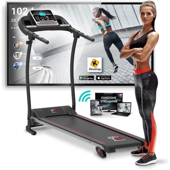Tapis de Course Pliable 11 km/h, Nouvelle Modèle 2020, Bluetooth, App multiplayer-video KINOMAP, Capteur Cardiaque, Inclinaison, 12