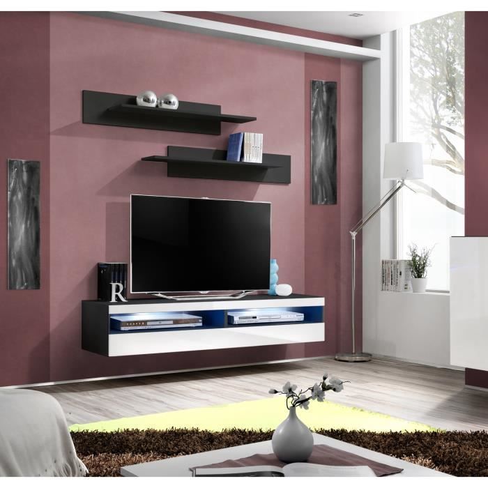 PRICE FACTORY - Meuble TV FLY design, coloris noir et blanc brillant. Meuble suspendu moderne et tendance pour votre salon.