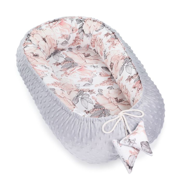 Réducteur Lit Bébé 90x50 cm - Matelas Cocoon Cale Bebe pour Lit Baby Nest Coton avec Minky Minky Gris Clair avec Motif Rose Sauvage