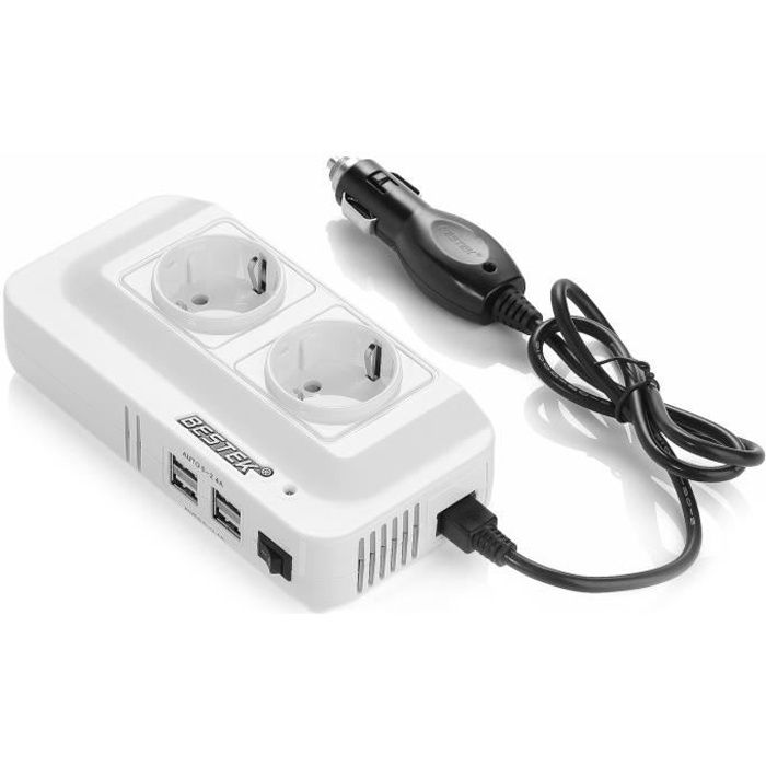 Convertisseur 12v 220v 230v 200W Prise Allume Cigare Transformateur de Tension, 4 Ports USB et 2 Prises EU, Chargeur Voiture Camping