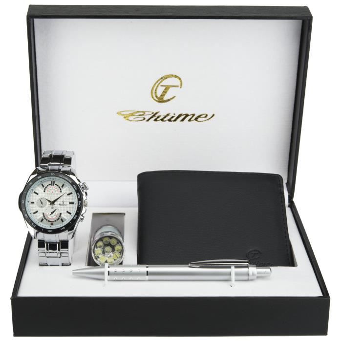 Coffret Cadeau Montre Homme Blanc- Lampe LED- Portefeuille -stylo