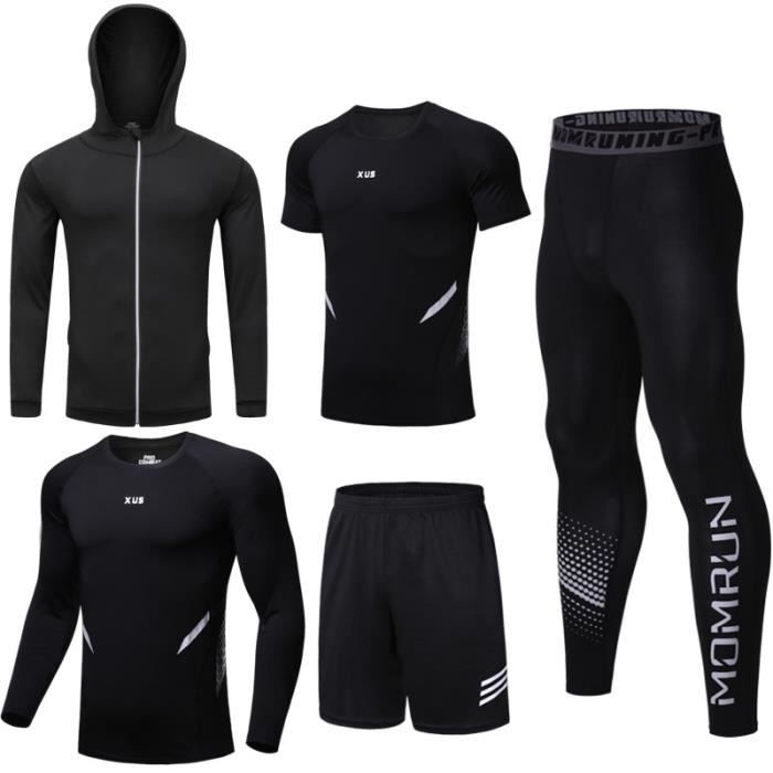 Tenue complète de compression 5 pièces Vêtements de fitness Collante T-SHIRT+Maillot+Short+Leggings+Veste Costume de jogging gym