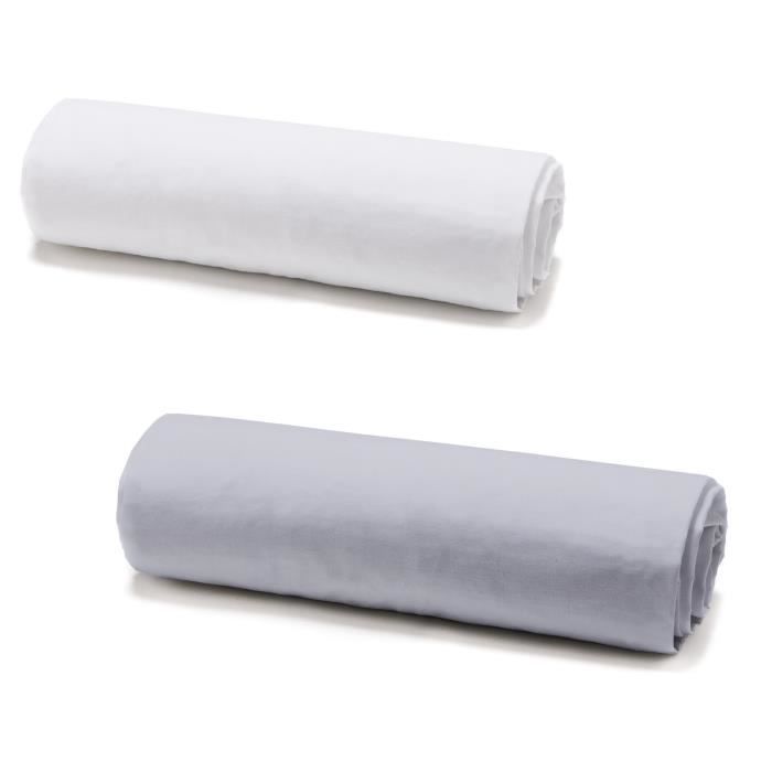 Lot 2 Draps Housse Coton Bonnet 30cm 160x200 cm Blanc / Zinc
