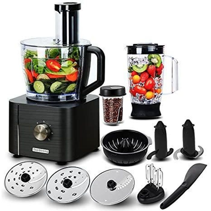 TopStrong Robot Cuisine Multifonction,1100W Robot Multifonction,11 en 1 Robot Culinaire inclus Hachoir, Crochet Pétrisseur,Mixeur,