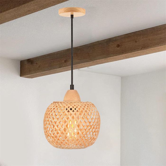 IDEGU Lustre Suspension Vintage Lampe Luminaire Ajustable en Bambou Designe Rond Plafonnier Style Campagne pour Salon Chambre
