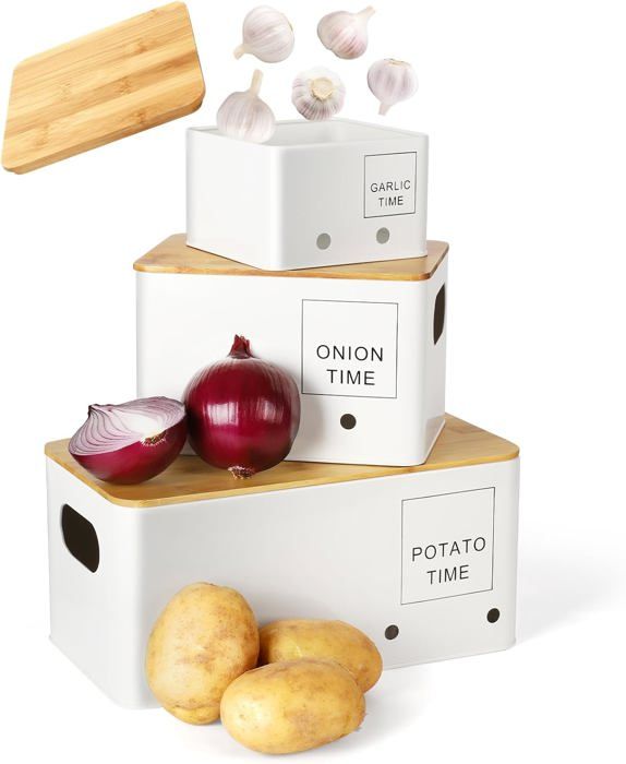 Boite Pomme de Terre, Lot de 3 Rangement Pomme de Terre, Boite Oignon, Boite Ail, Boîte de