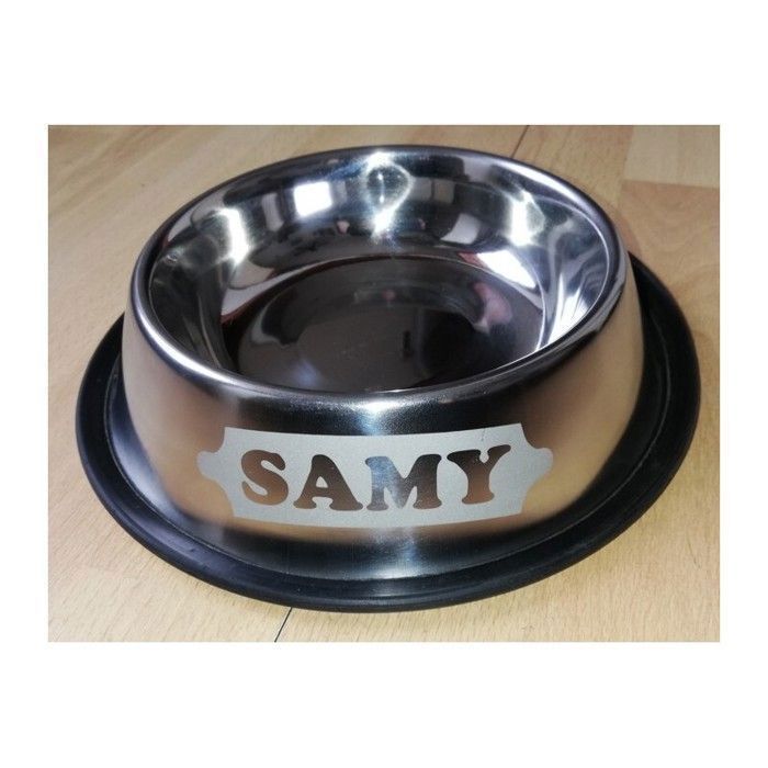 Comparer les prix de Gamelle en Inox antidérapante personnalisée avec le nom de votre chien ou de votre chat. Modèle L 900 ml