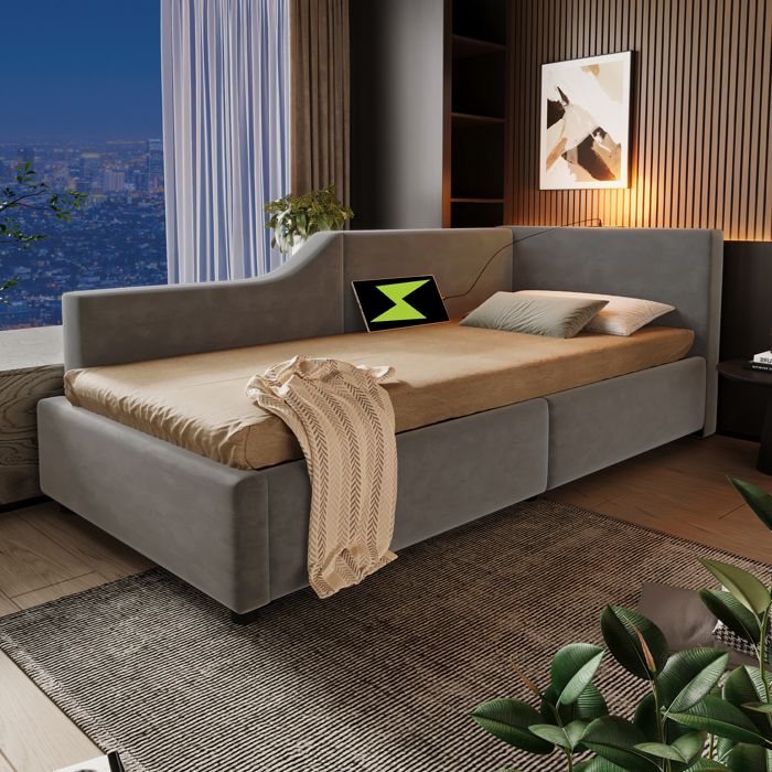 Lit coffre 90x190cm - Velours - Avec liseuse et ports USB-C - Sommier à lattes - Gris