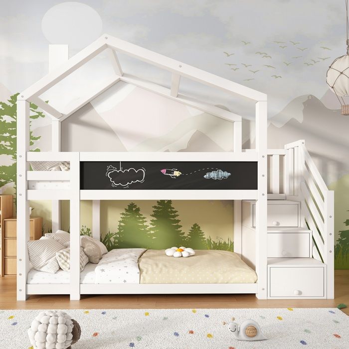 Lit enfant Lit superposé 90 x 200 cm avec cheminée rangement et protection antichute - blanc