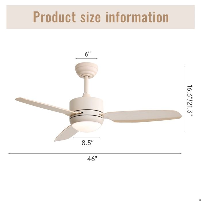 Ventilateur Plafond Silencieux LED 18W Tricolore 3 Lames en ABS 6 Vitesses Télécommande Mode Hiver Été Moteur CC 116cm Beige - Nec